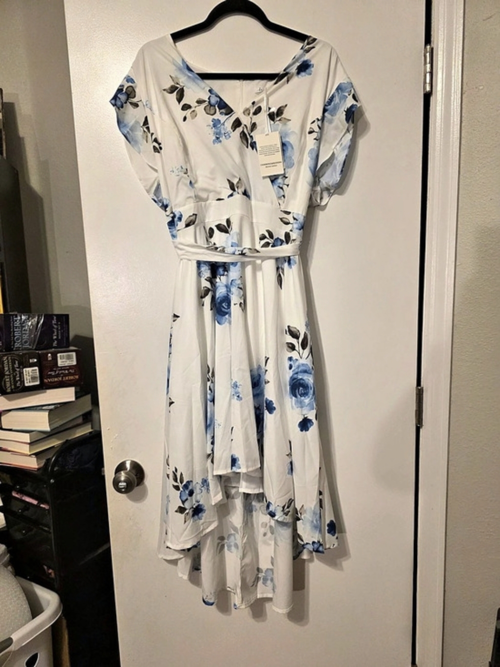 Jasambac Women's Floral High Low Dress White & Blue 2XL